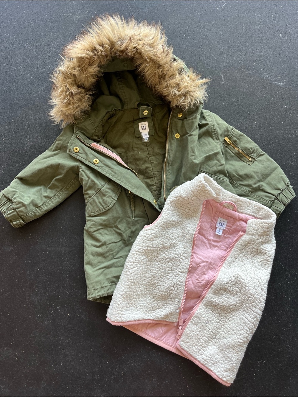 GAP Olive Parka with Pink-Lined Cream Sherpa Vest